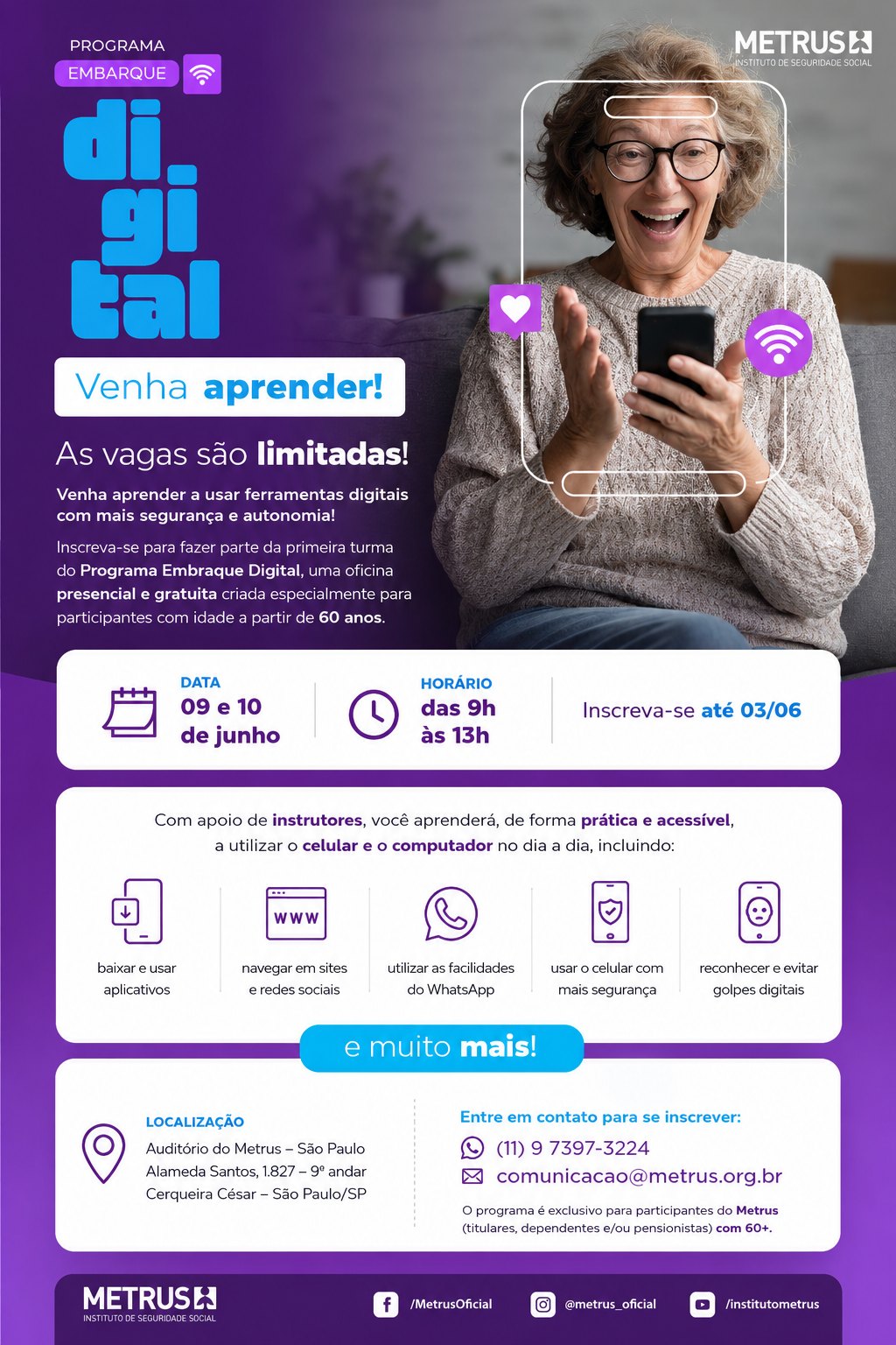 Programa Embarque Digital Metrus: oficina presencial gratuita para participantes com 60 anos ou mais, dias 09 e 10 de junho, das 9h às 13h